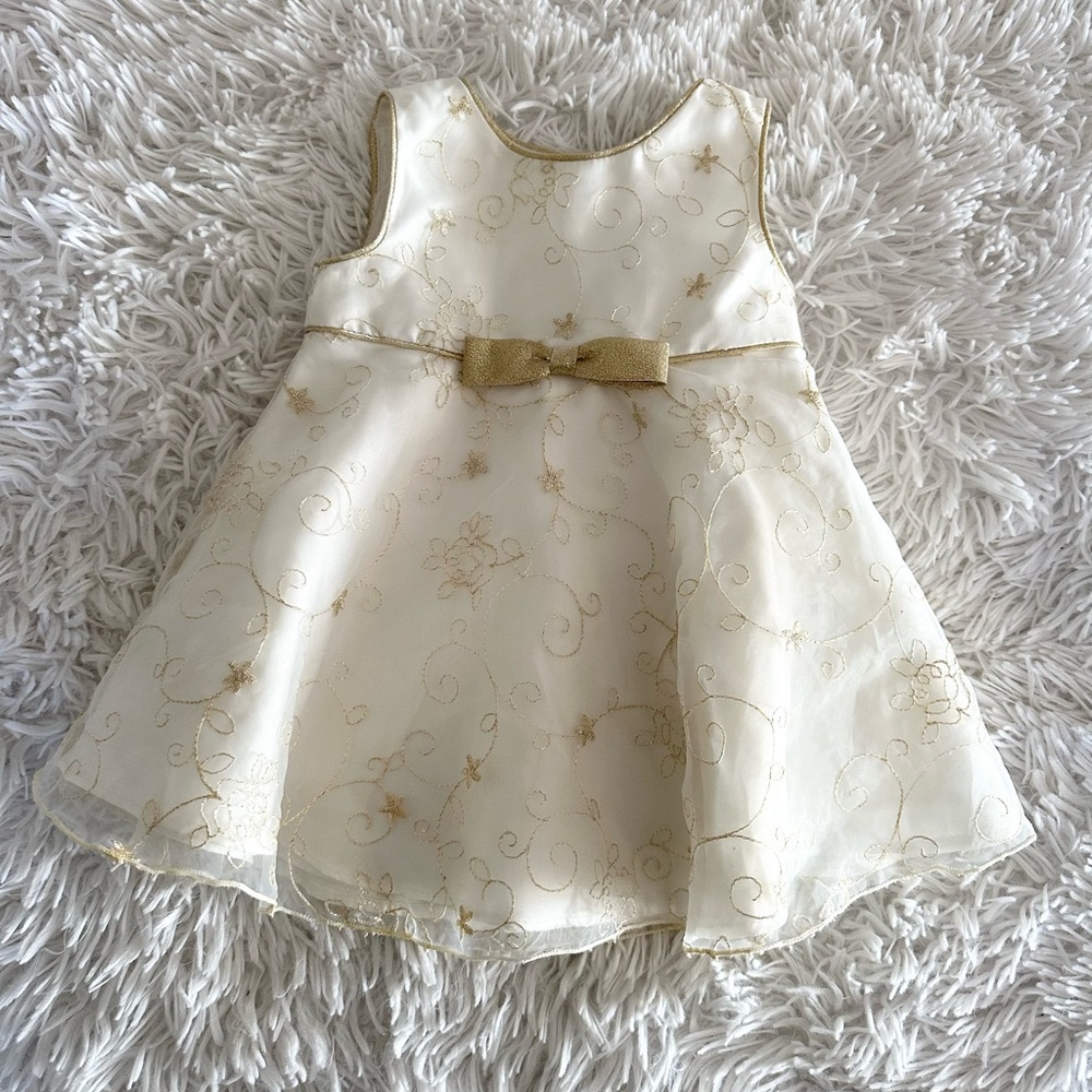 YOUNGLAND Girls Holiday Cottagecore Whimsical Lace Dress Ivory Gold Size 9M